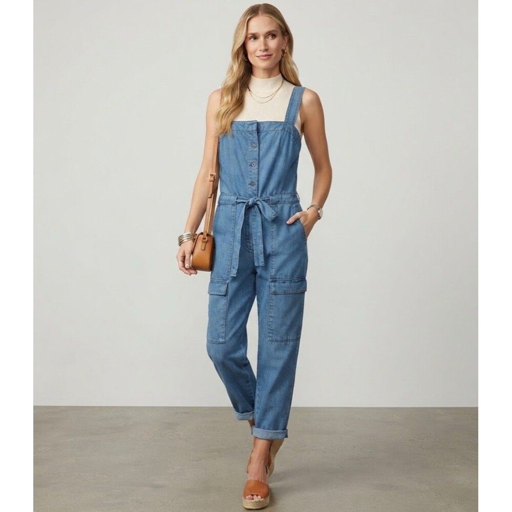 Sundance Valerie Blue Denim Button Up Jumpsuit 100% Cotton Tie Waist Size 8 EUC